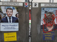 落書きされたフランス大統領選のポスター（筆者撮影）