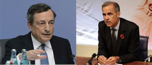 欧州の金融市場を司るＥＣＢのドラギ総裁（左）とイングランド銀のカーニー総裁（両行提供）